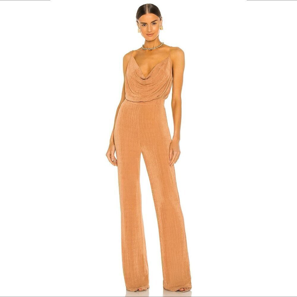 Misha Moyra jumpsuit jersey knit desert rose tan brown scoop cowl 4 Small